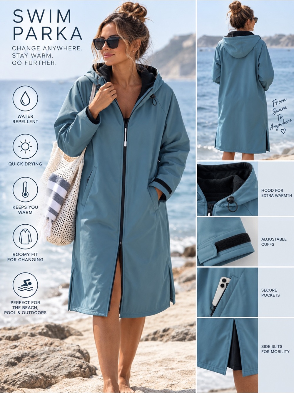 NWT Yansylphan Hooded Lightweight Raincoat in Slate Blue Size: Small #Lux-A